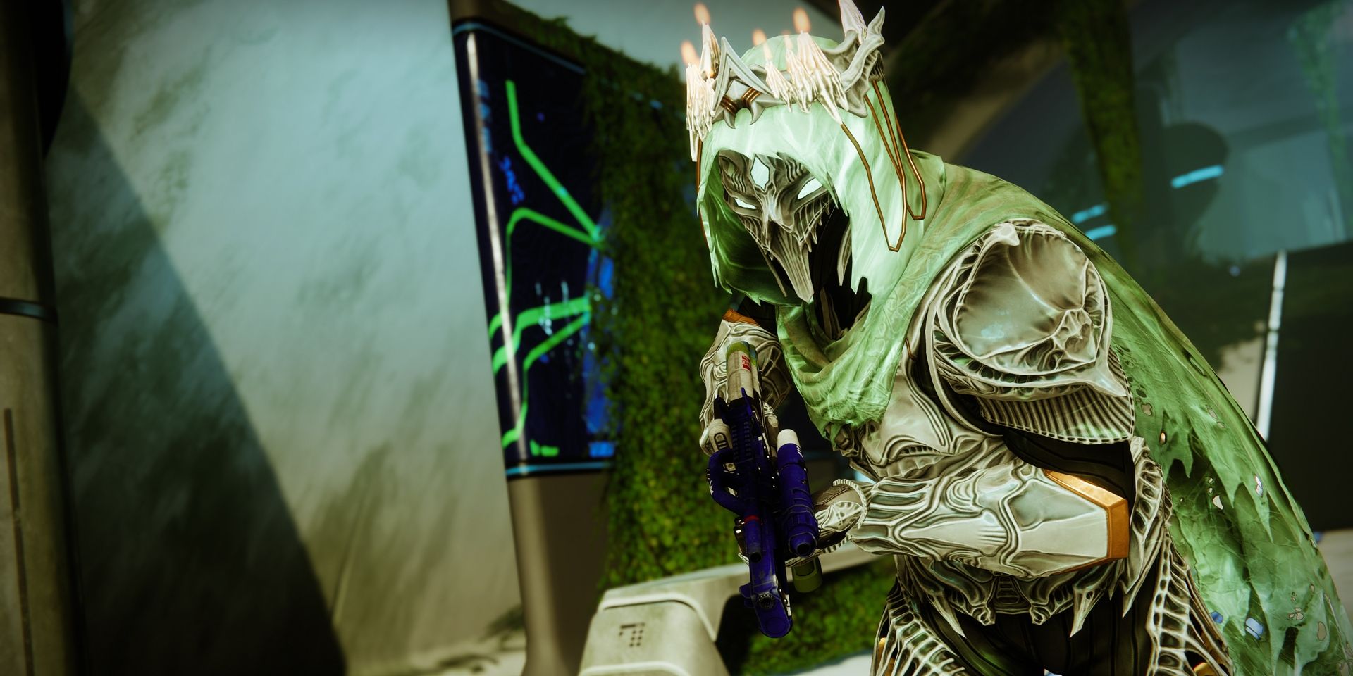 A Destiny 2 Hunter, who is wearing the Ghosts of the Deep dungeon armor, is running with a weapon in hand.