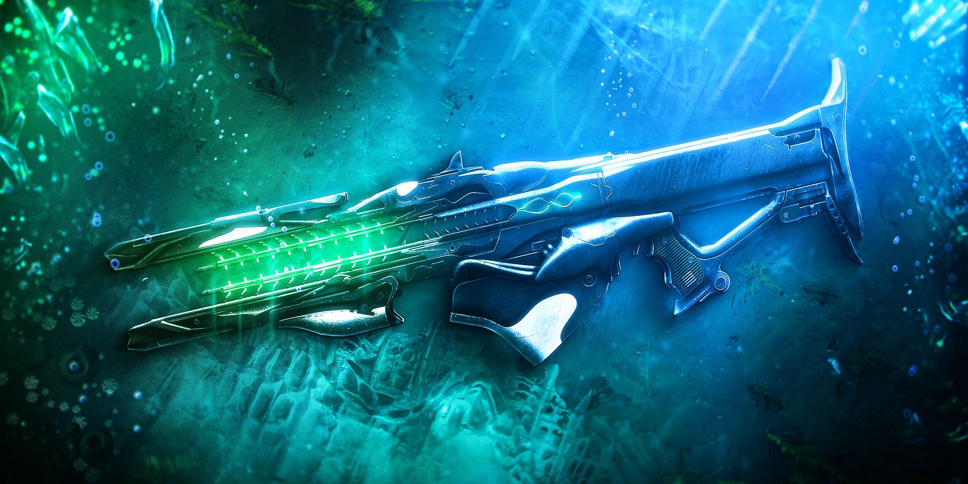 Destiny 2's The Navigator Exotic Trace Rifle laying on the seabed with neon algae around it.