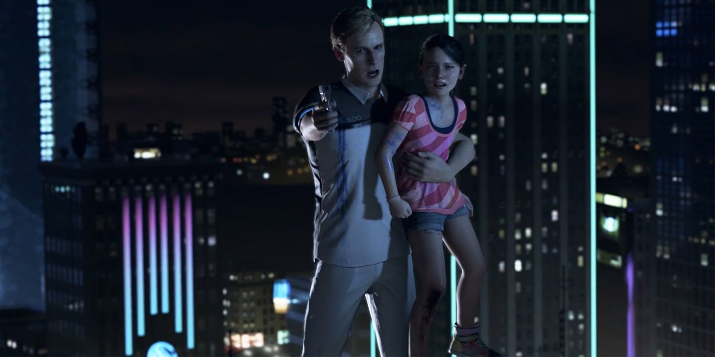 Um andróide desviante faz uma jovem refém em um telhado na cena de abertura de Detroit: Become Human