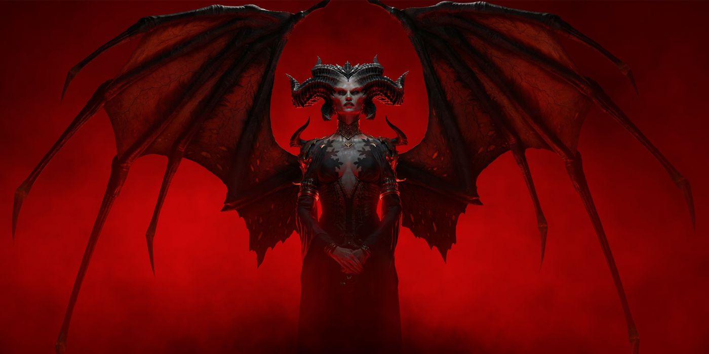 Lilith stands with her large tattered wings spread behind her against a red background in Diablo 4's key art