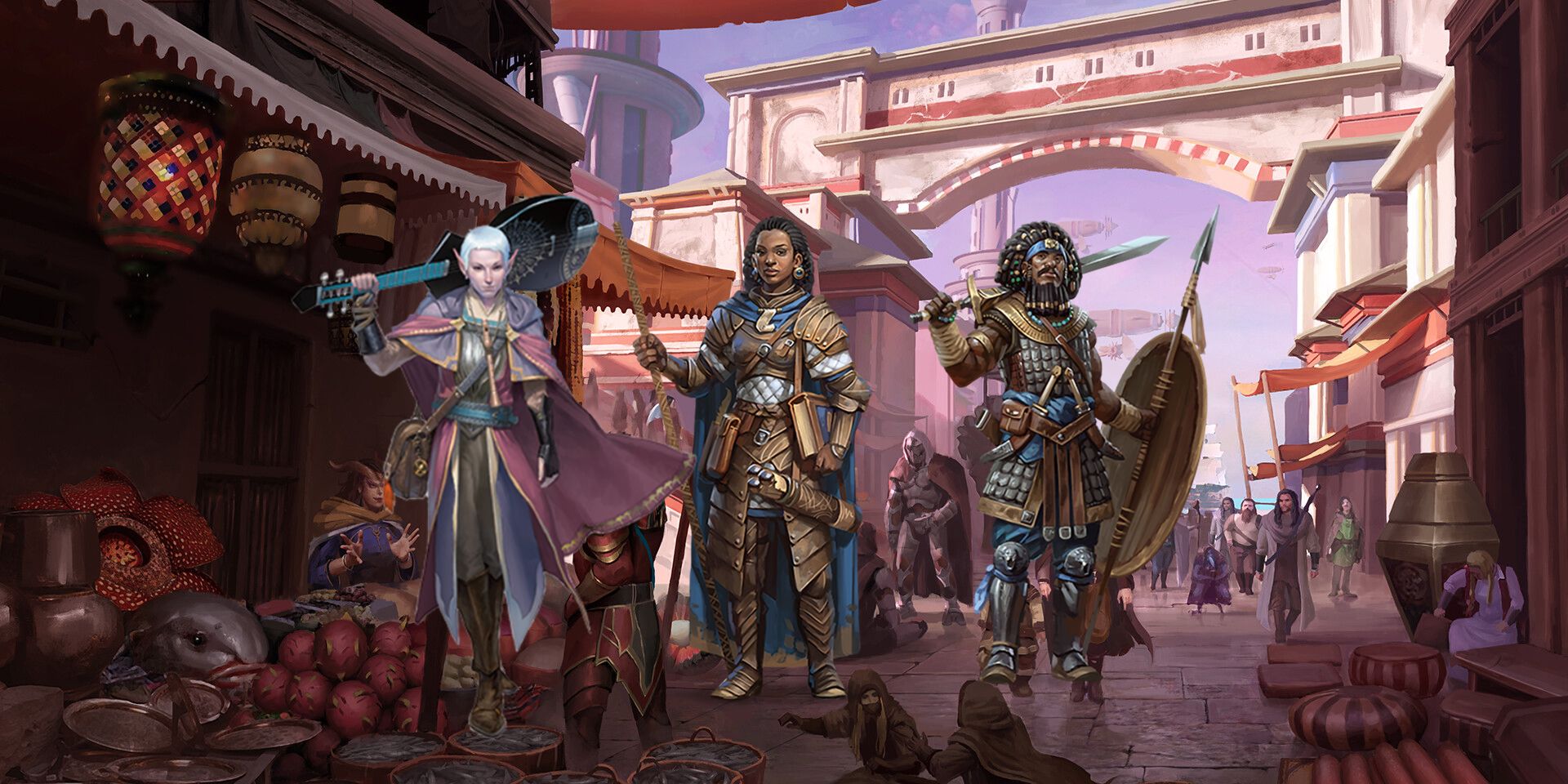 A Dungeons and Dragons adventuring party in a peaceful, bustling open-air market.