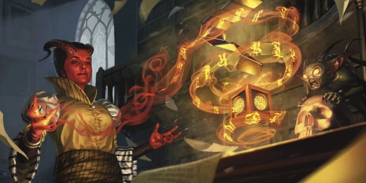 A Tiefling sorceress unlocks an infernal puzzle box watched by an imp