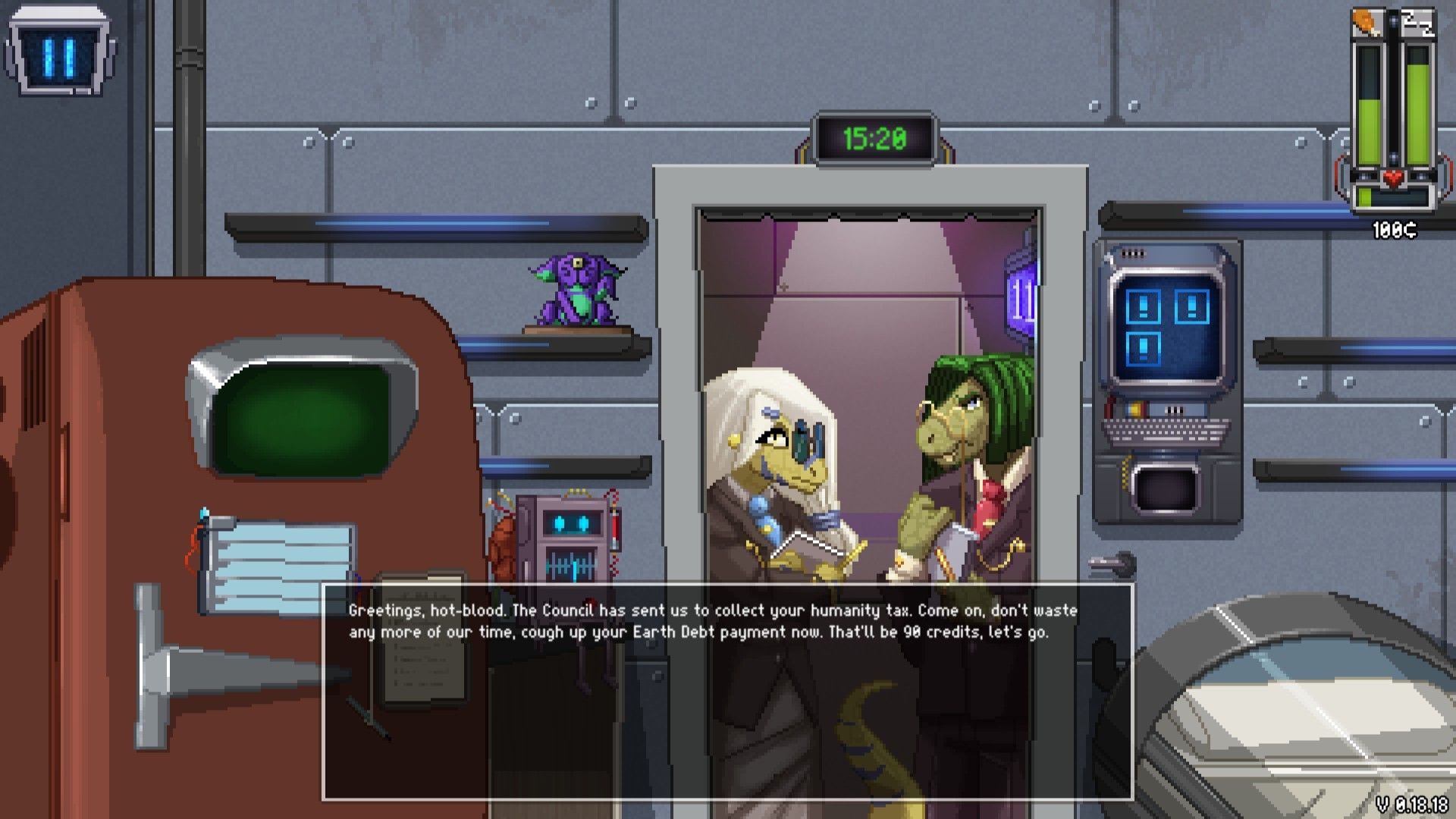 Two reptilians in DNFTM2099 at the player's door demanding they pay the Humanity Tax.