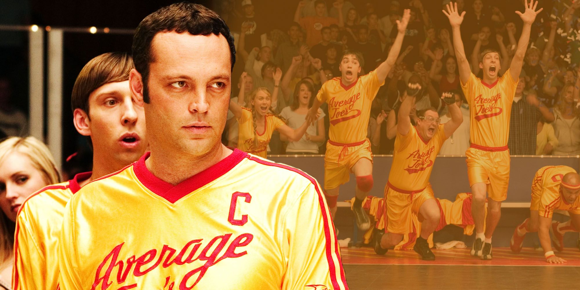 Vince Vaughn as Pete LaFleur from Dodgeball next to teammates celebrating