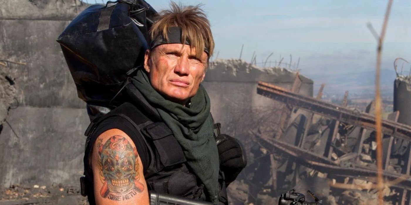 Dolph Lundgren looking upwards in The Expendables 4
