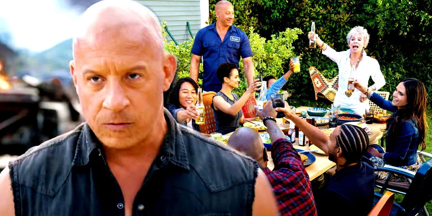 Dominic Toretto looking angry in Fast X while blended with his friends and family at a BBQ