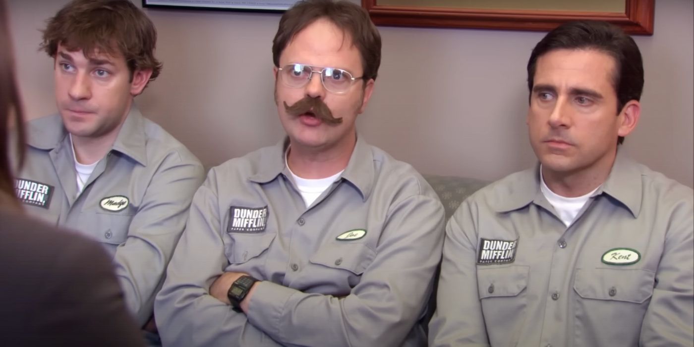 Jim, Dwight with a mustache, and Michael all sitting together as they talk to Karen in the Office