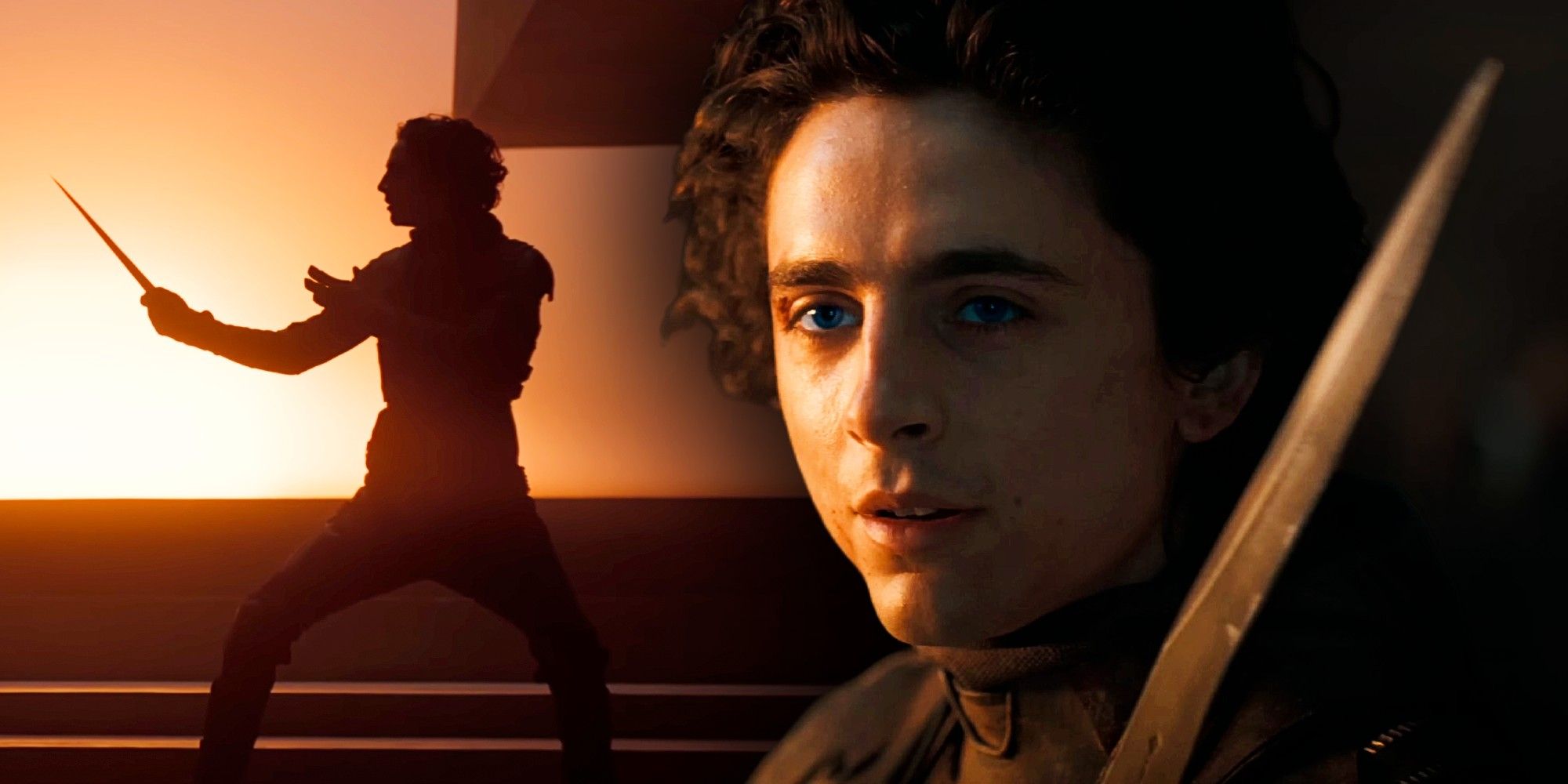 A blended image features a closeup of Timothee Chalamet in Dune 2 over a wider image of him brandising his blade during a fight