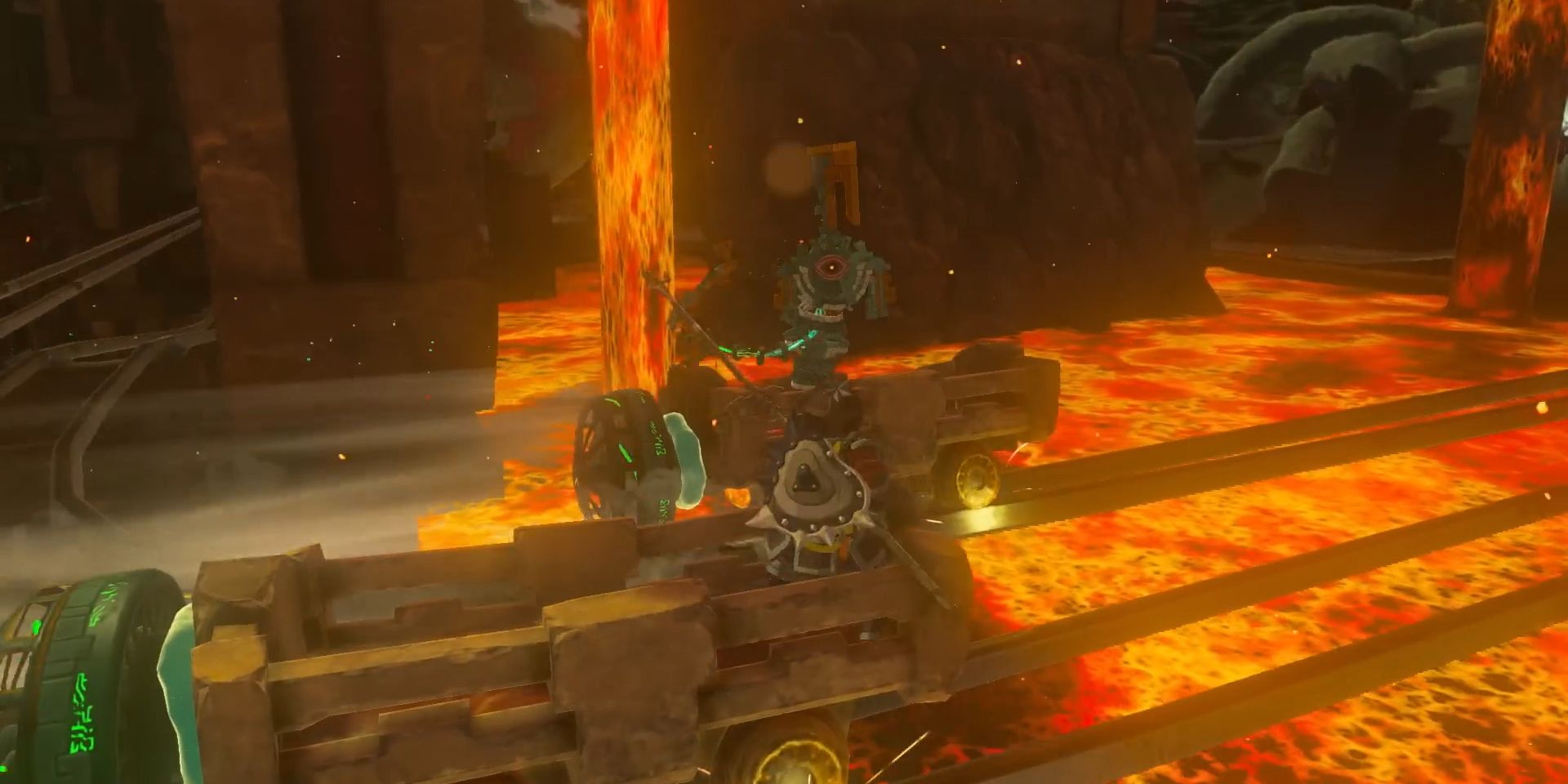 Link and a Construct ride parallel mine carts, aiming arrows at each other, as they race through a lava-filled underground area in Tears of the Kingdom