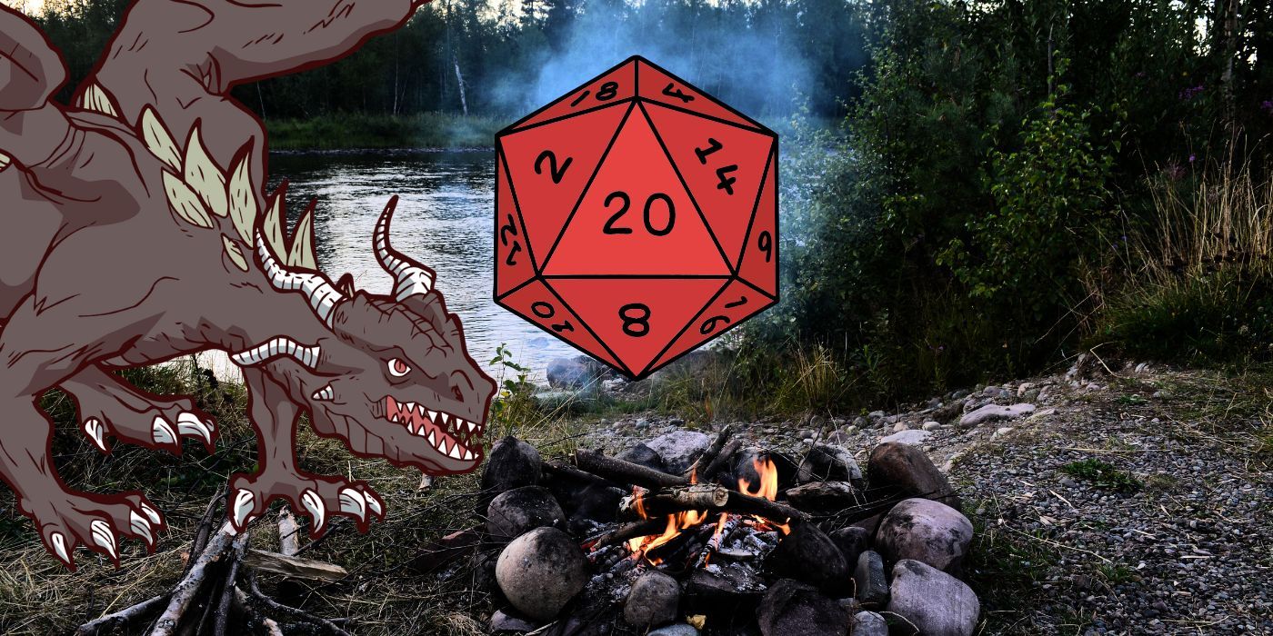 A picture of a campfire by a lake with a cartoon dragon and a D20.