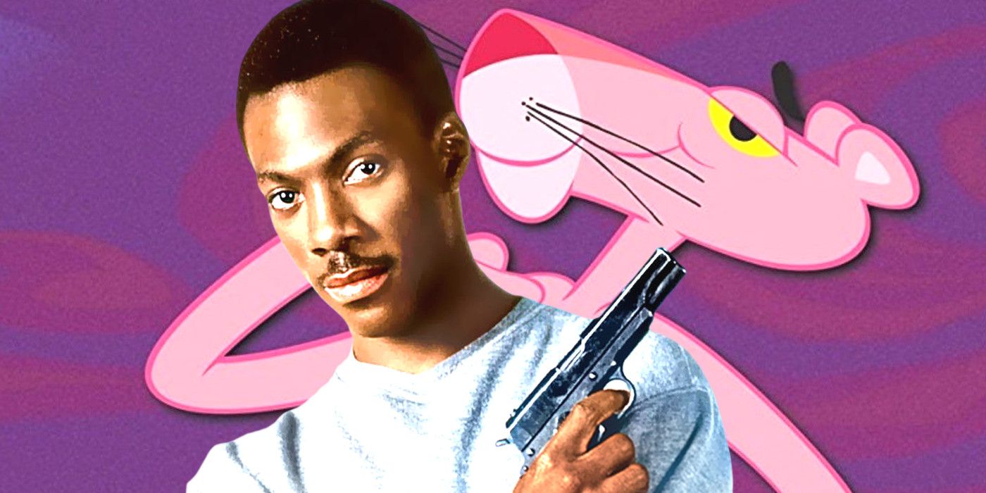 Eddie Murphy strikes a cool pose with a gun against the backdrop of the Pink Panther cartoon