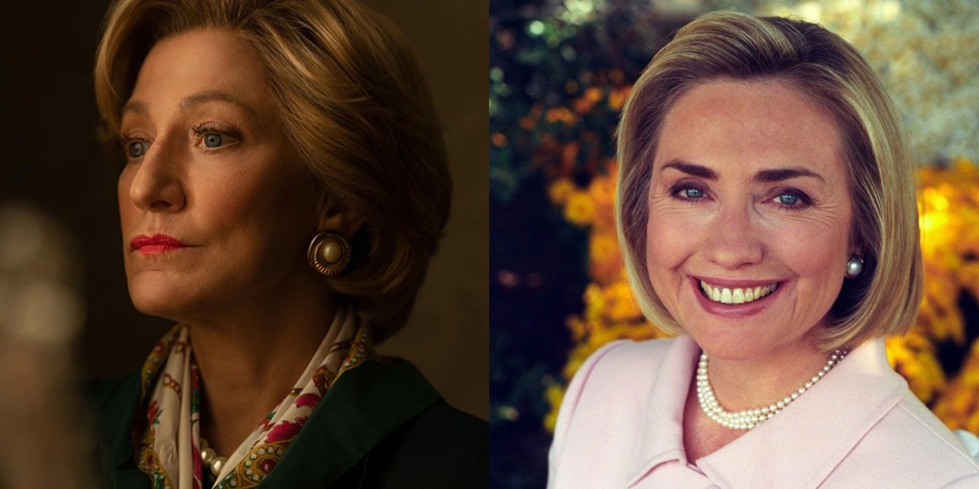 Split image of Edie Falco in American Crime Story and Hillary Clinton