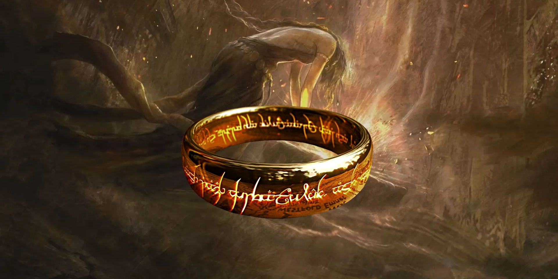 The one ring with writing emblazoned on shadowy Elden Ring background of character bent over table