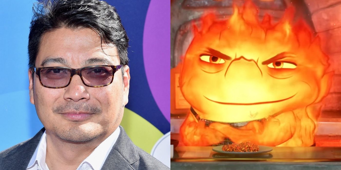 A split image of Ronnie del Carmen and his role as Bernie Lumen in Elemental