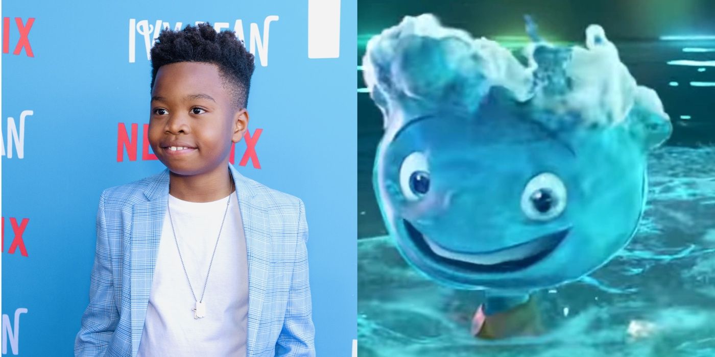 A split image of Innocent Ekakitie and his role as Marco and Polo Ripple in Elemental