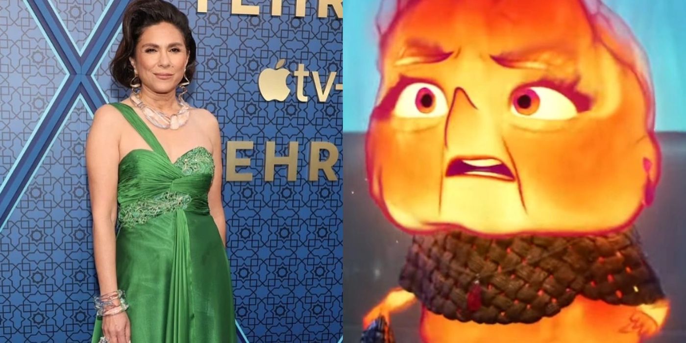 A split image of Shila Ommi and her role as Cinder Lumen in Elemental