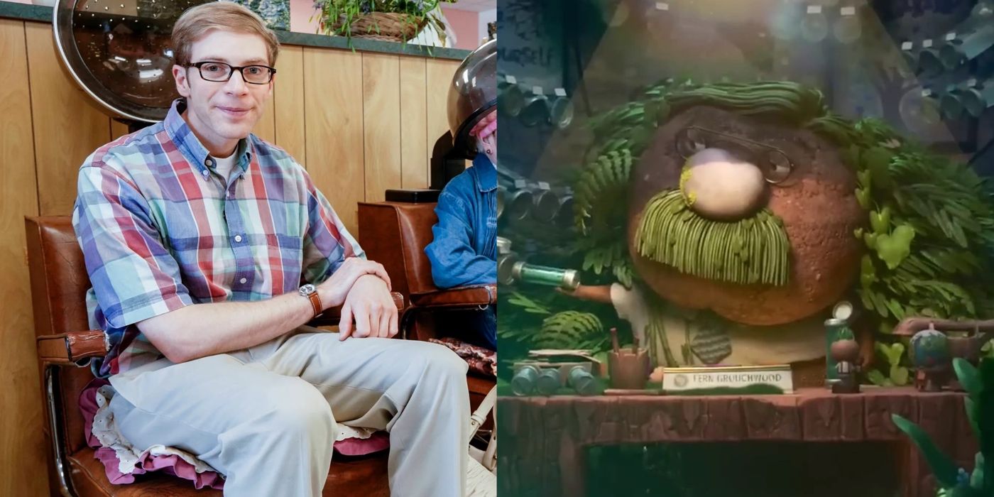 A split image of Joe Pera and his character Fern Grouchwood in Elemental