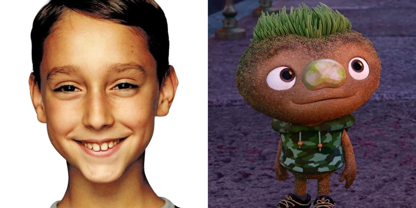 A split image of Mason Wertheimer and his character of Clod in Elemental