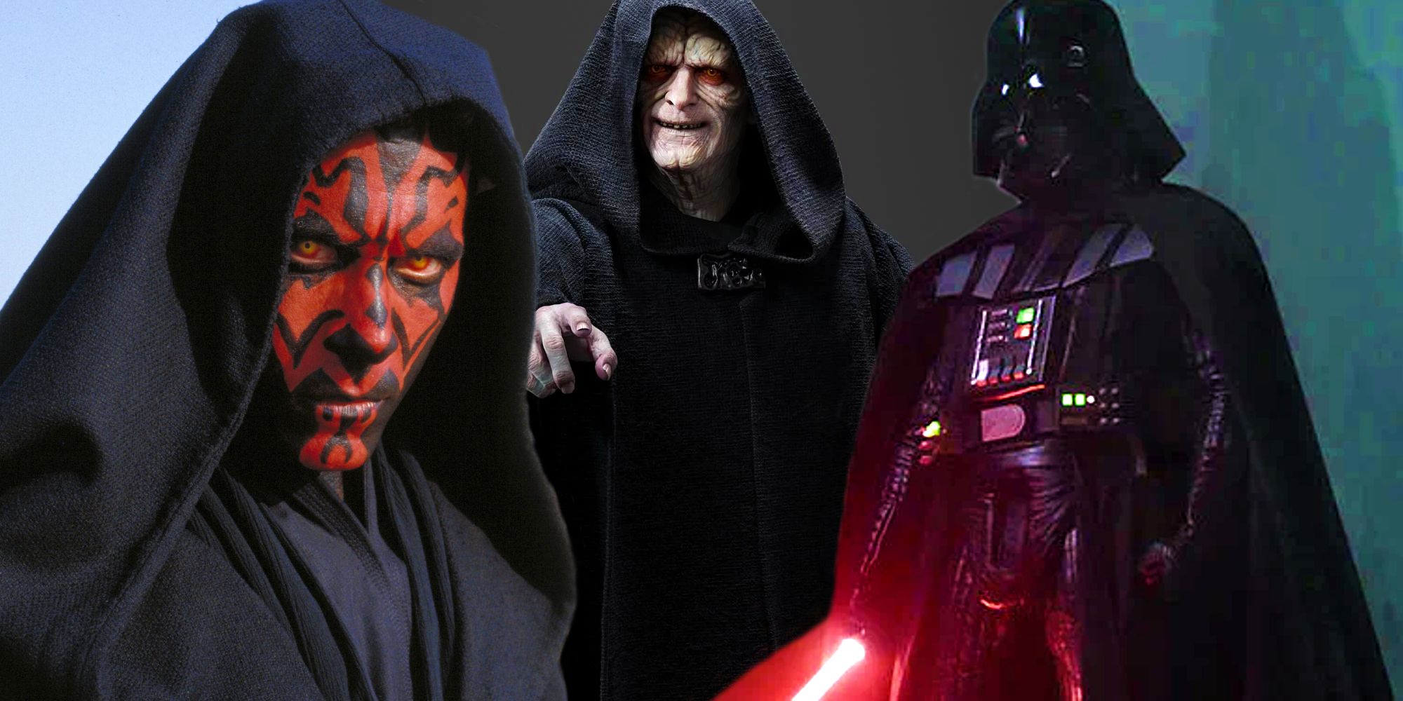 Emperor Palpatine raising his hand next to Darth Vader with his lightsaber and Darth Maul with his hood up