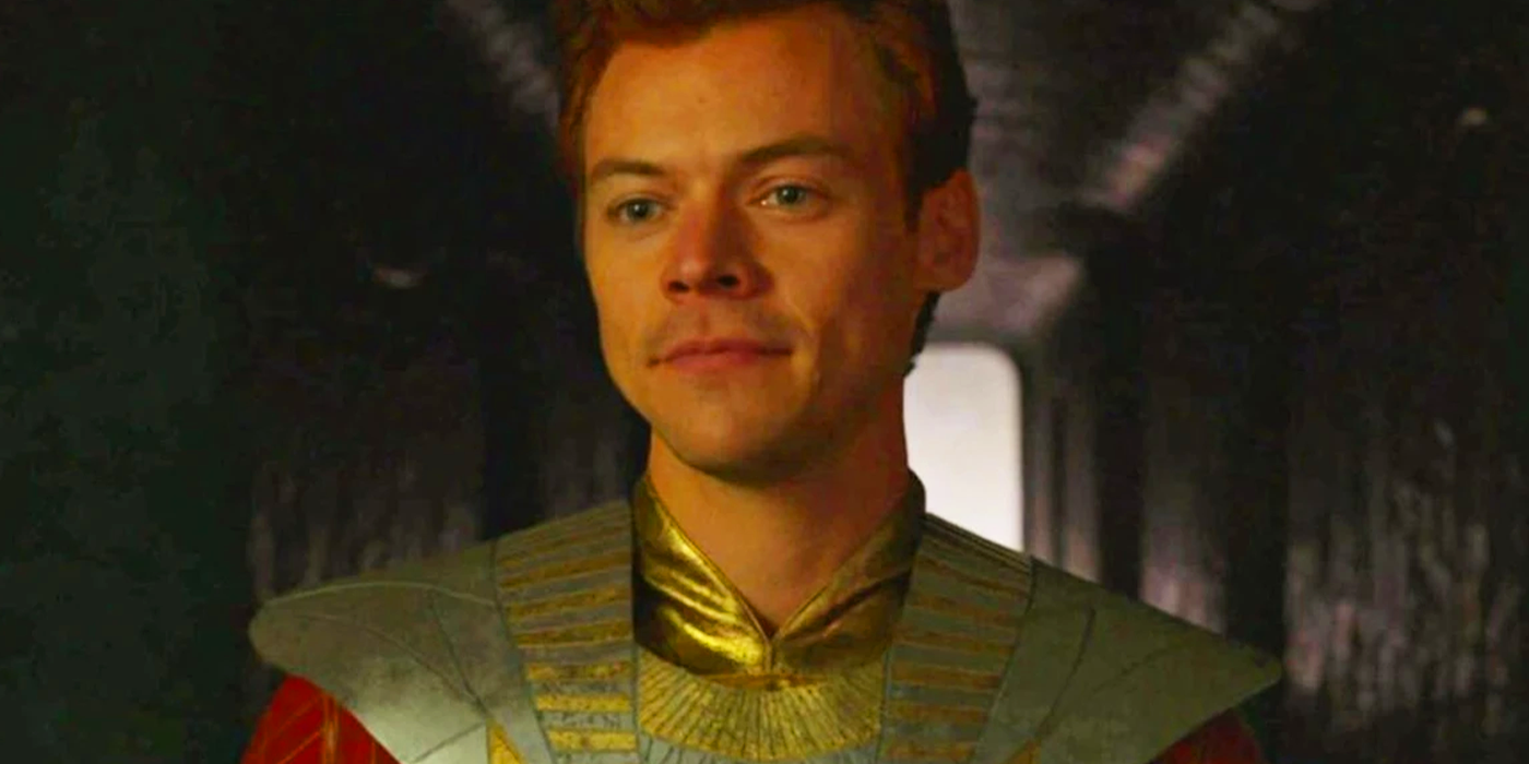 Close-up shot of Harry Styles as Eros in Eternals' post-credits scene.