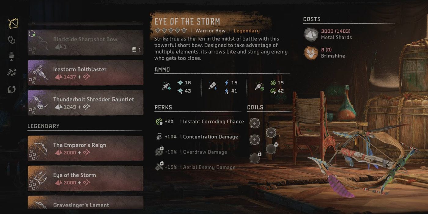 Image of Legendary Warrior bow Eye of the Storm in an equipment menu in Horizon Forbidden West