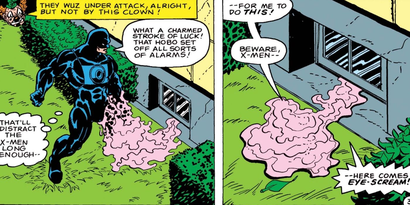 Comic book panels: Eye Scream meting himself into ice cream.