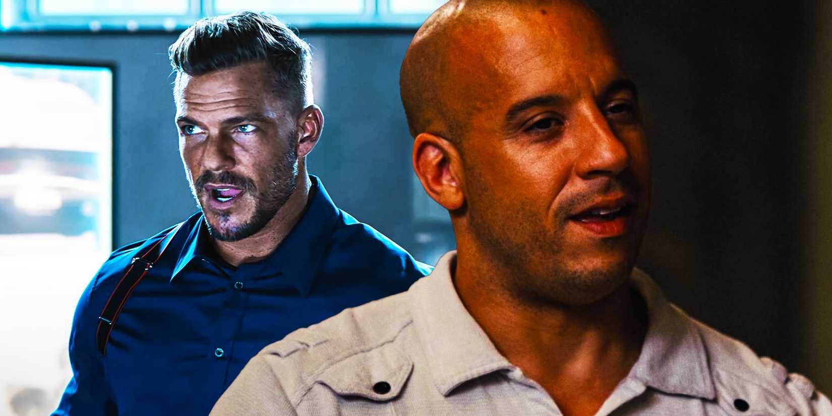 Alan Ritchson as Aimes and Vin Diesel as Dom Toretto in Fast & Furious