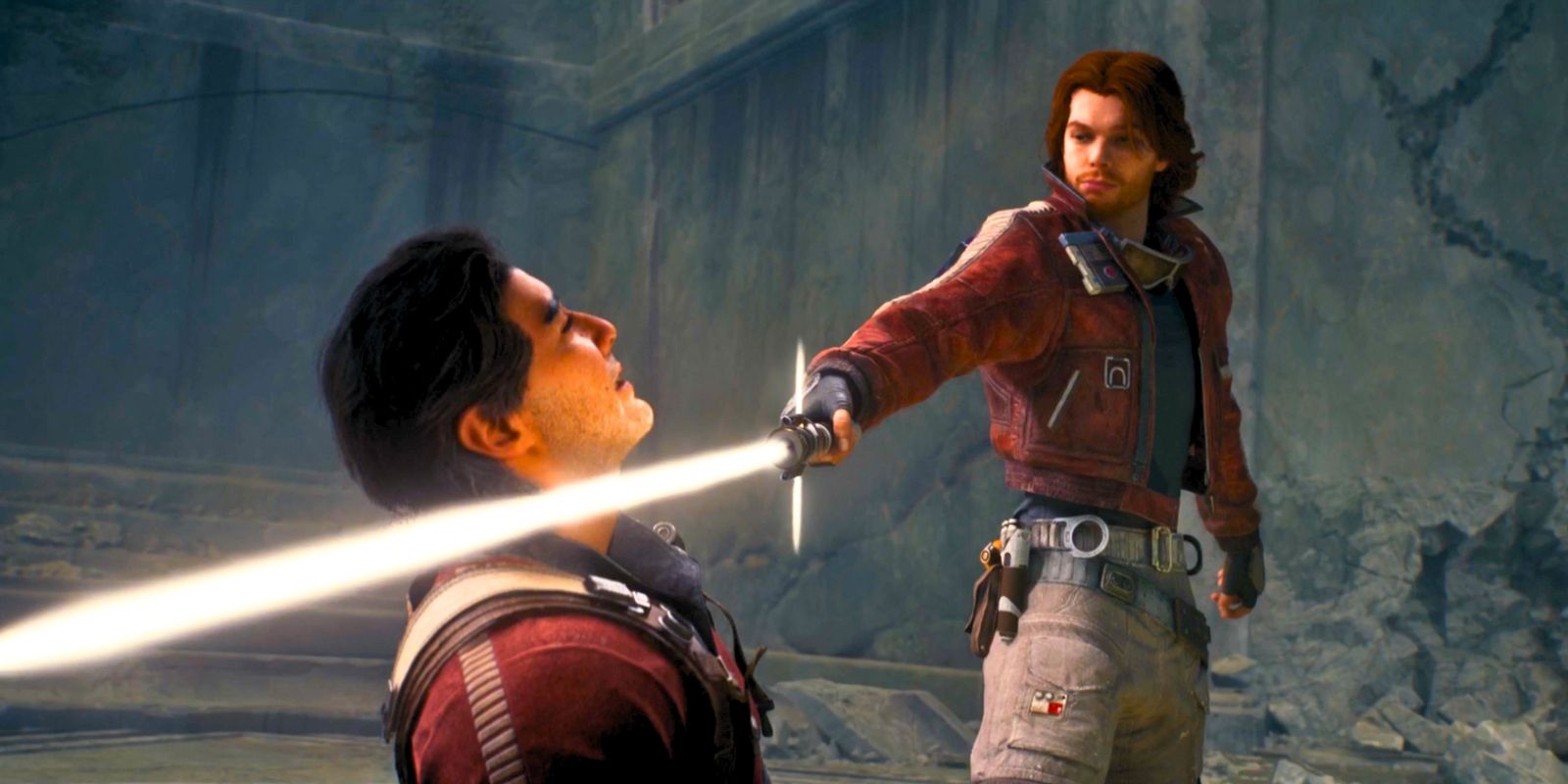 Cal Kestis holding his lightsaber at the throat of Bode Akuna in Jedi Survivor