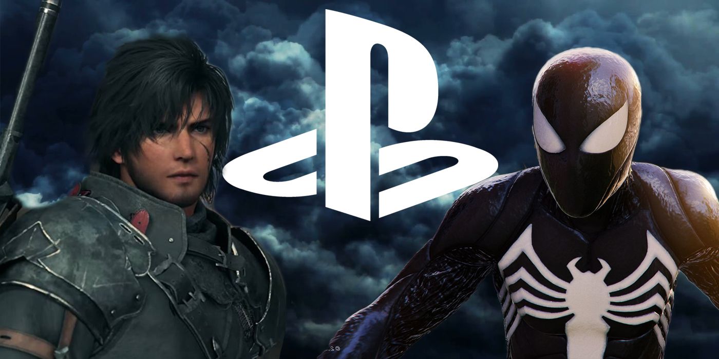 Characters from Final Fantasy 16 and Marvel's Spider-Man 2 against a stormy background with the PlayStation Logo PS Showcase