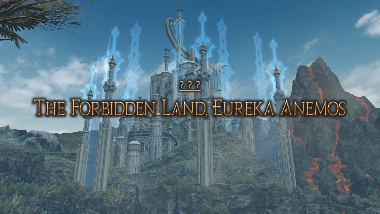 A landscape shot of The Forbidden Land, Eureka Anemos in Final Fantasy 14: Stormblood. There is superimposed lettering saying: &ldquo;??? The Forbidden Land, Eureka Anemos.&quot;