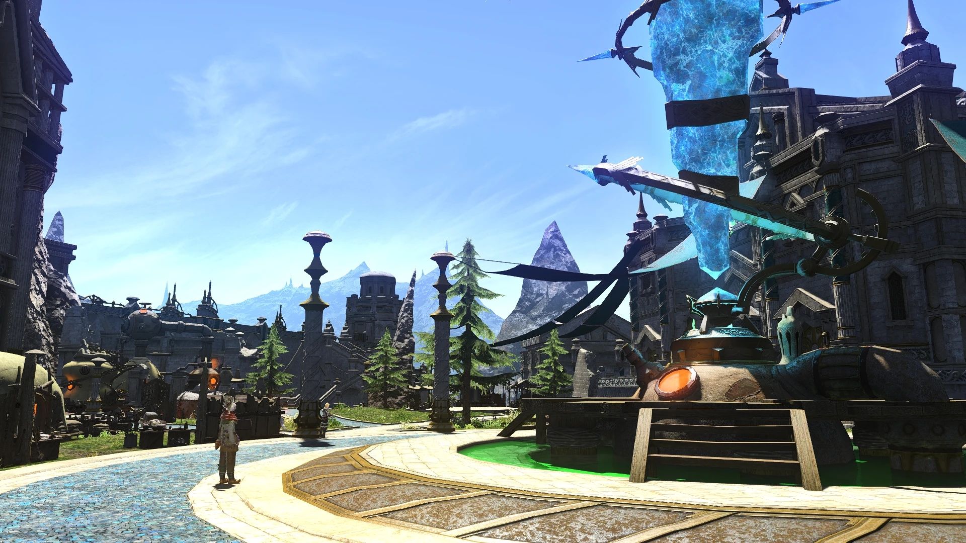 A landscape shot of Idyllshire in Final Fantasy 14, showing the local Aetheryte.