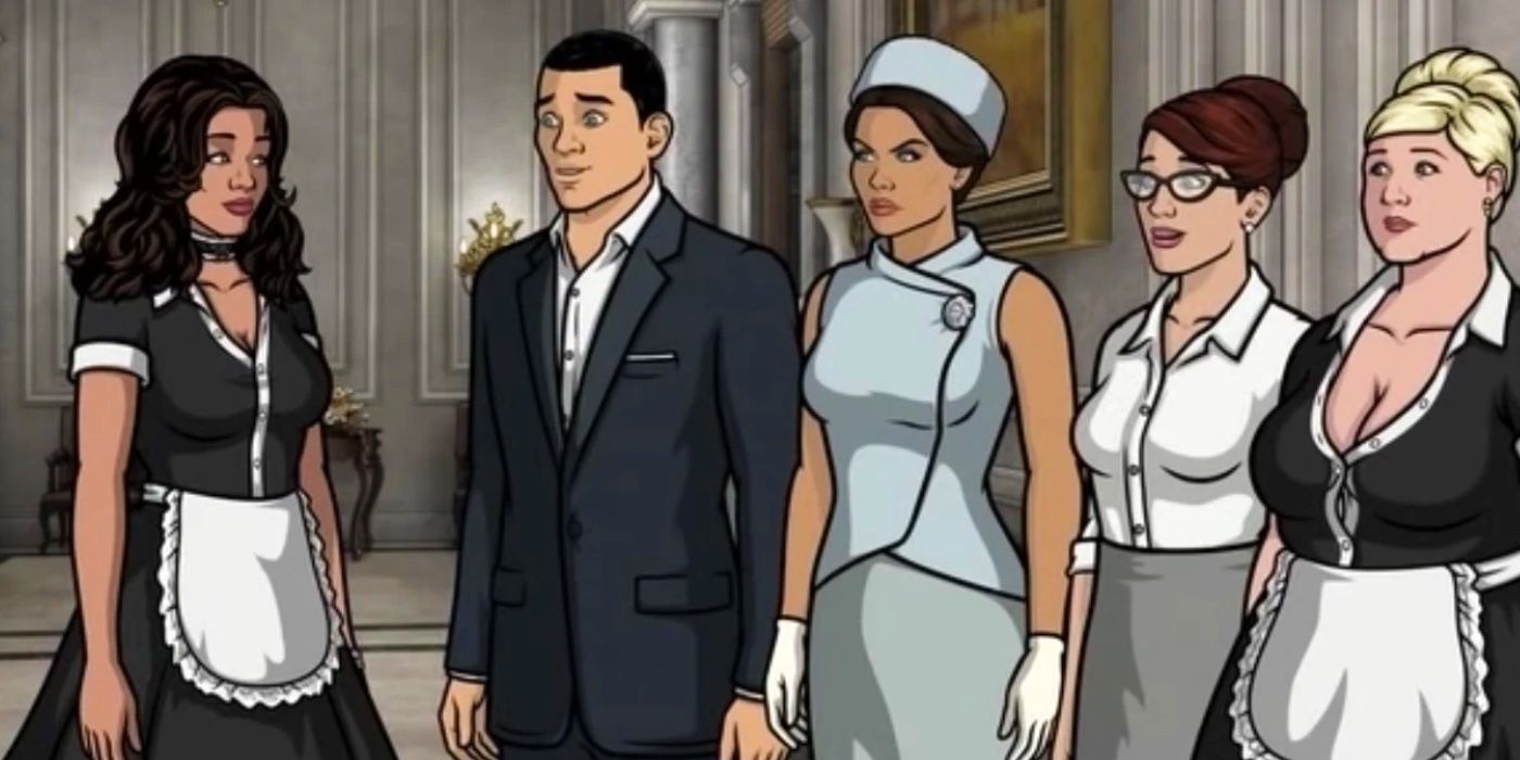 five characters looking at each other in Archer episode Pocket Listing