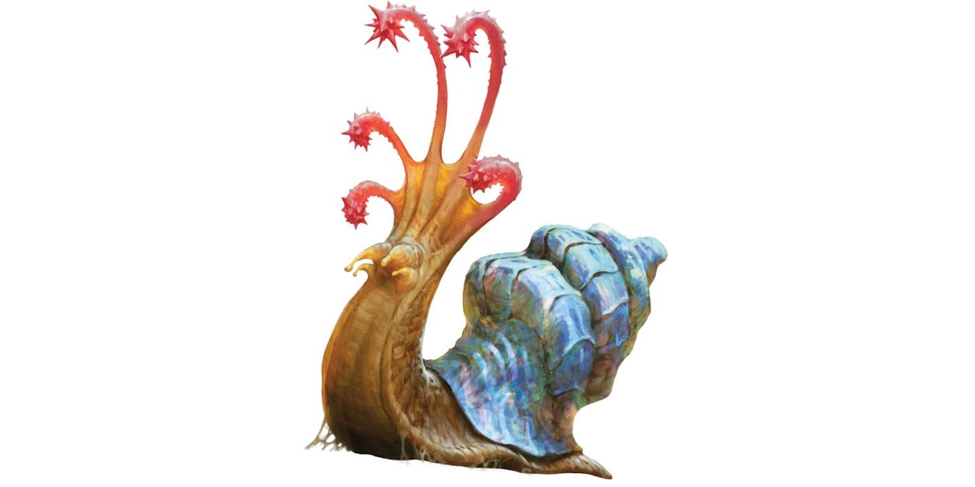 Artwork of a strange snail like creature with multiple eye stalks and a beautiful iridescent shell