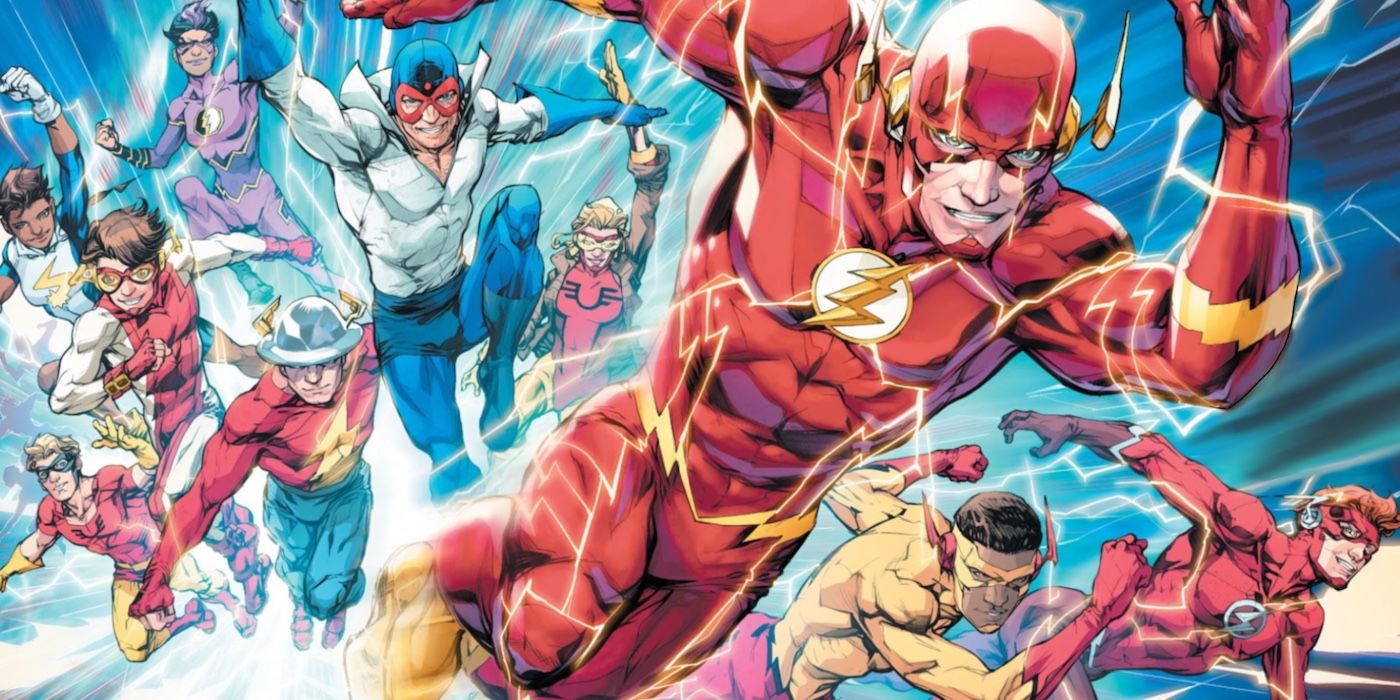 Comic book art: Barry Allen's Flash leads the Flash Family in a run.