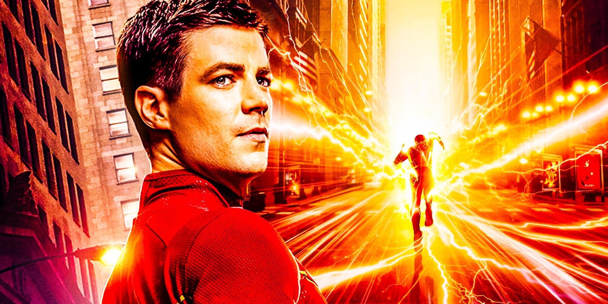Custom image of Grant Gustin's Barry Allen on the left with his face visible and The Flash running away from the camera, with lots of lightining behind, on the right.