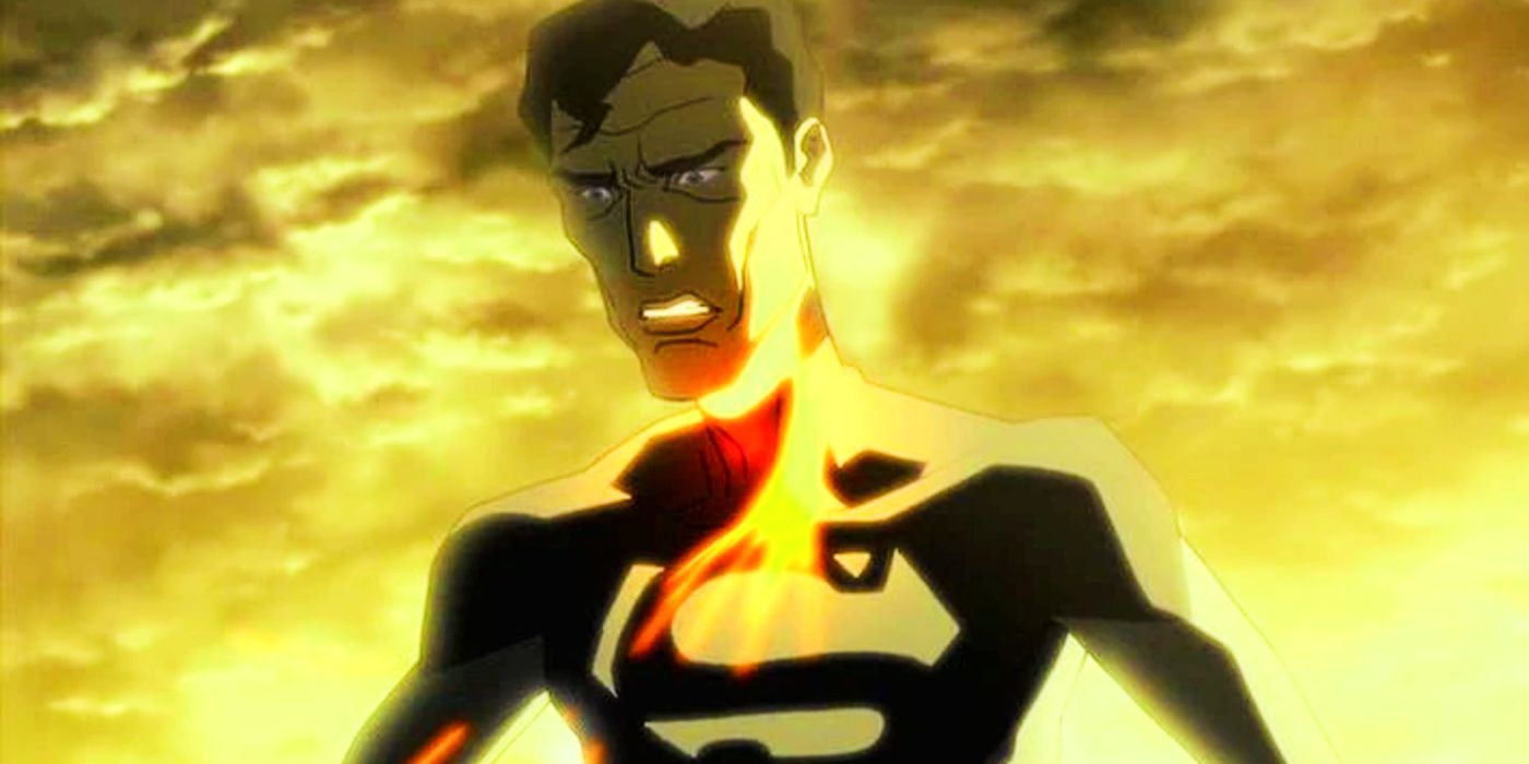 An emaciated Superman flies and grimaces in The Flashpoint Paradox