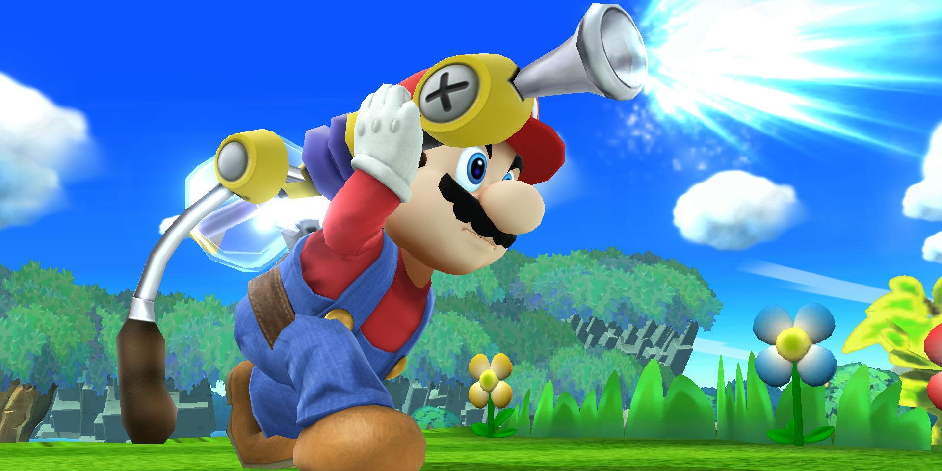 Mario berlutut dan menyemprotkan semburan air dari ransel FLUDD-nya di lapangan berumput dalam tangkapan layar dari Super Smash Bros. Ultimate ini.