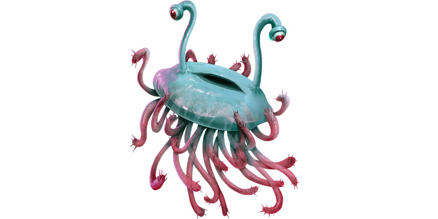 Artwork of a strange jelly fish like creature with two long eye stalks