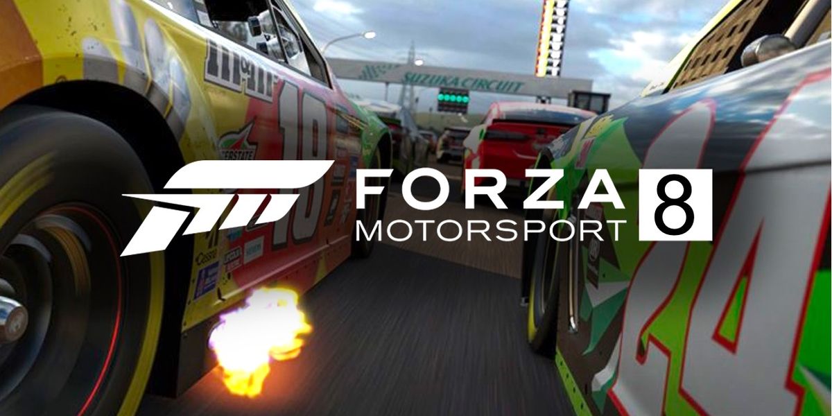 Forza Motorsport 8 logo between two racecars on a starting lineup