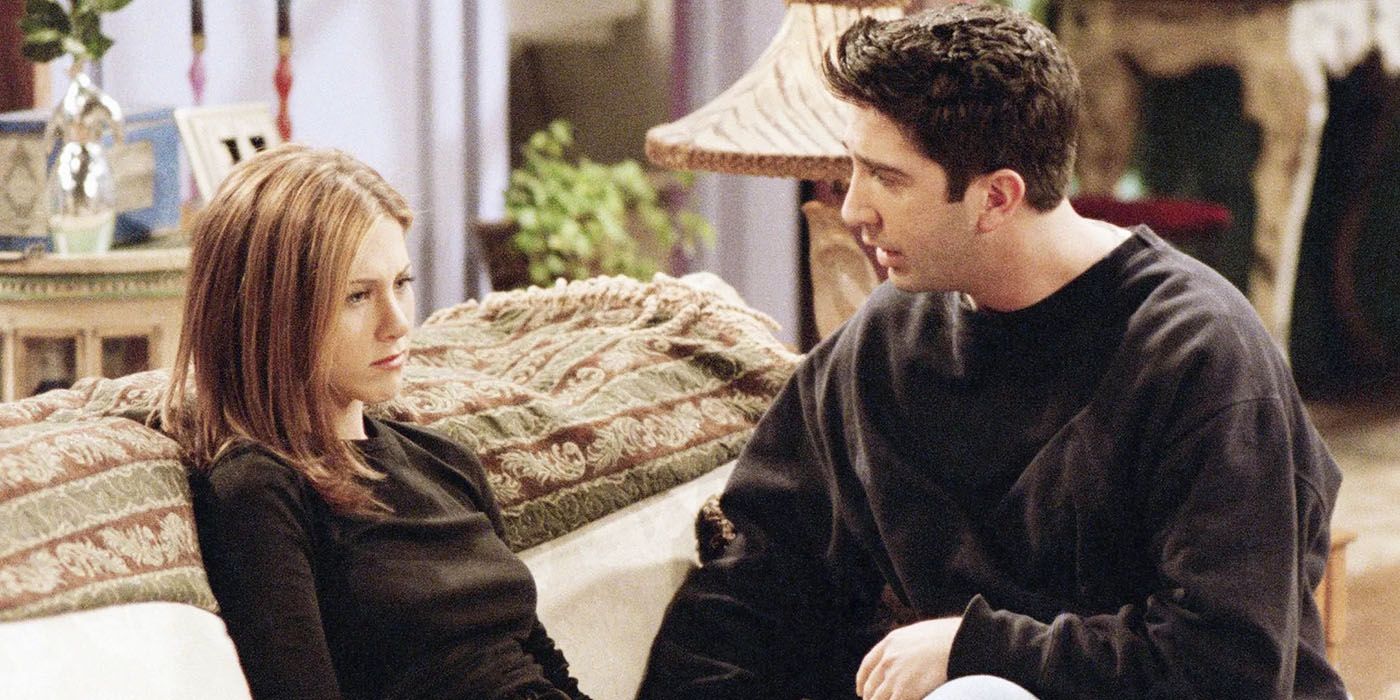 Ross and Rachel talking on the couch in Friends
