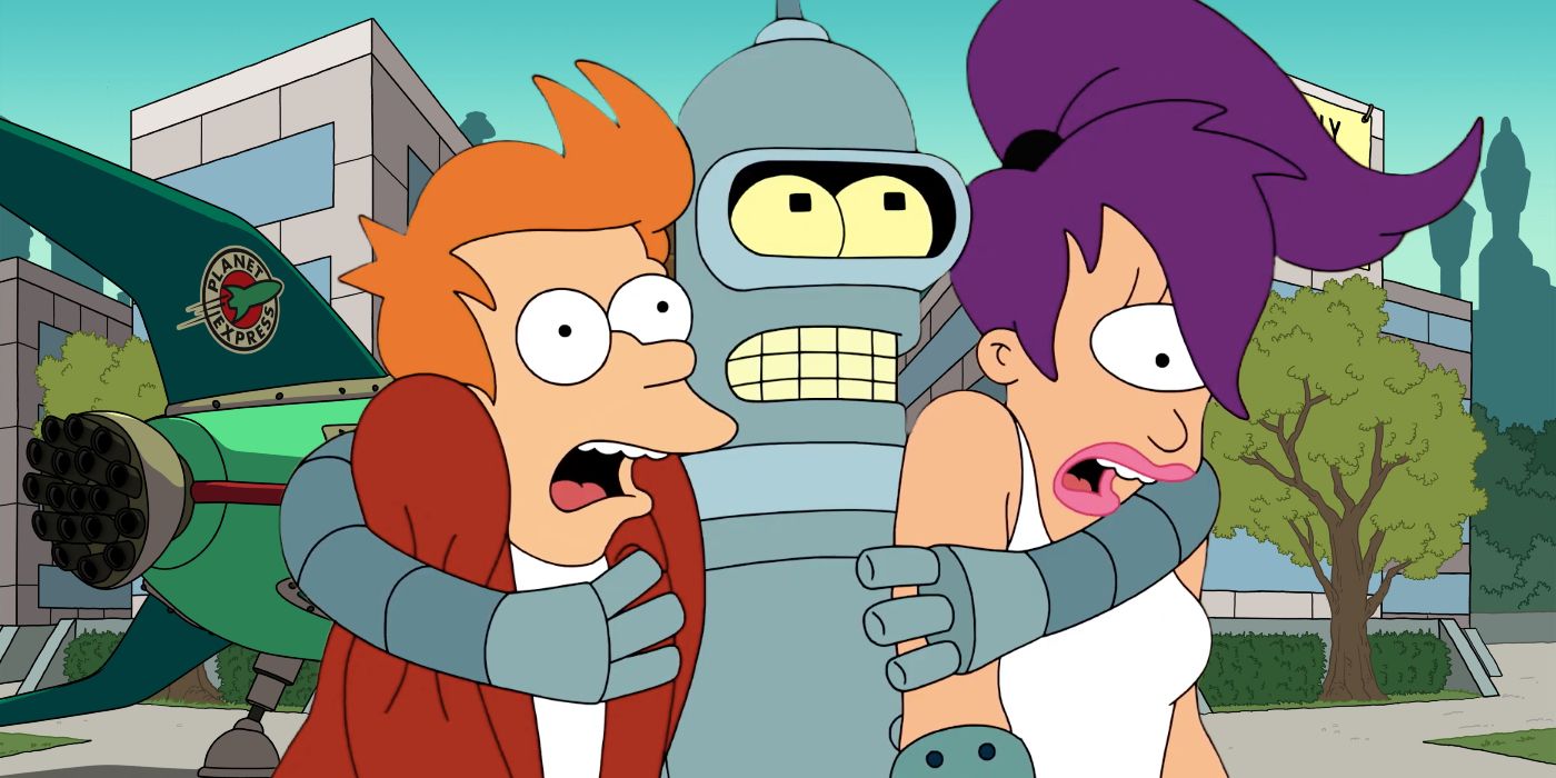 Futurama main characters in Front of the Animated Fulu Building Backdrop