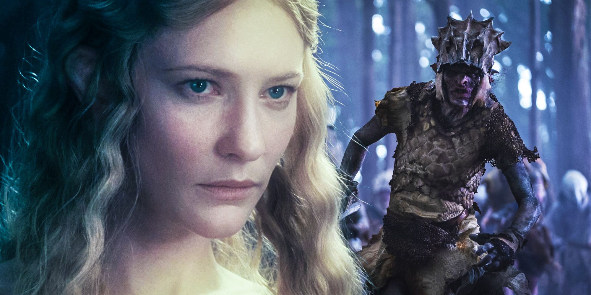 Cate Blanchett's Galadriel in front of The Lord of the Rings Orc.