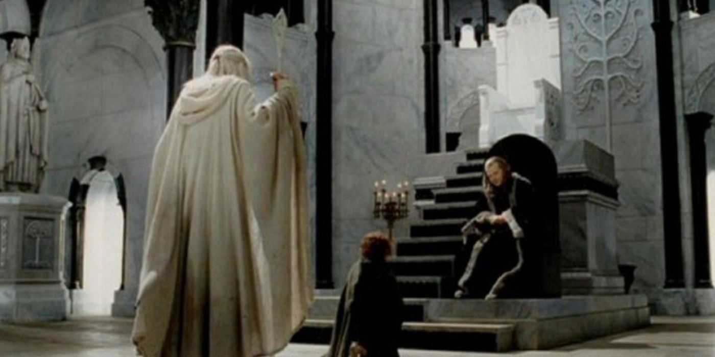 Gandalf and Pippin speaking to Denethor in the Lord of the Rings Return of the King