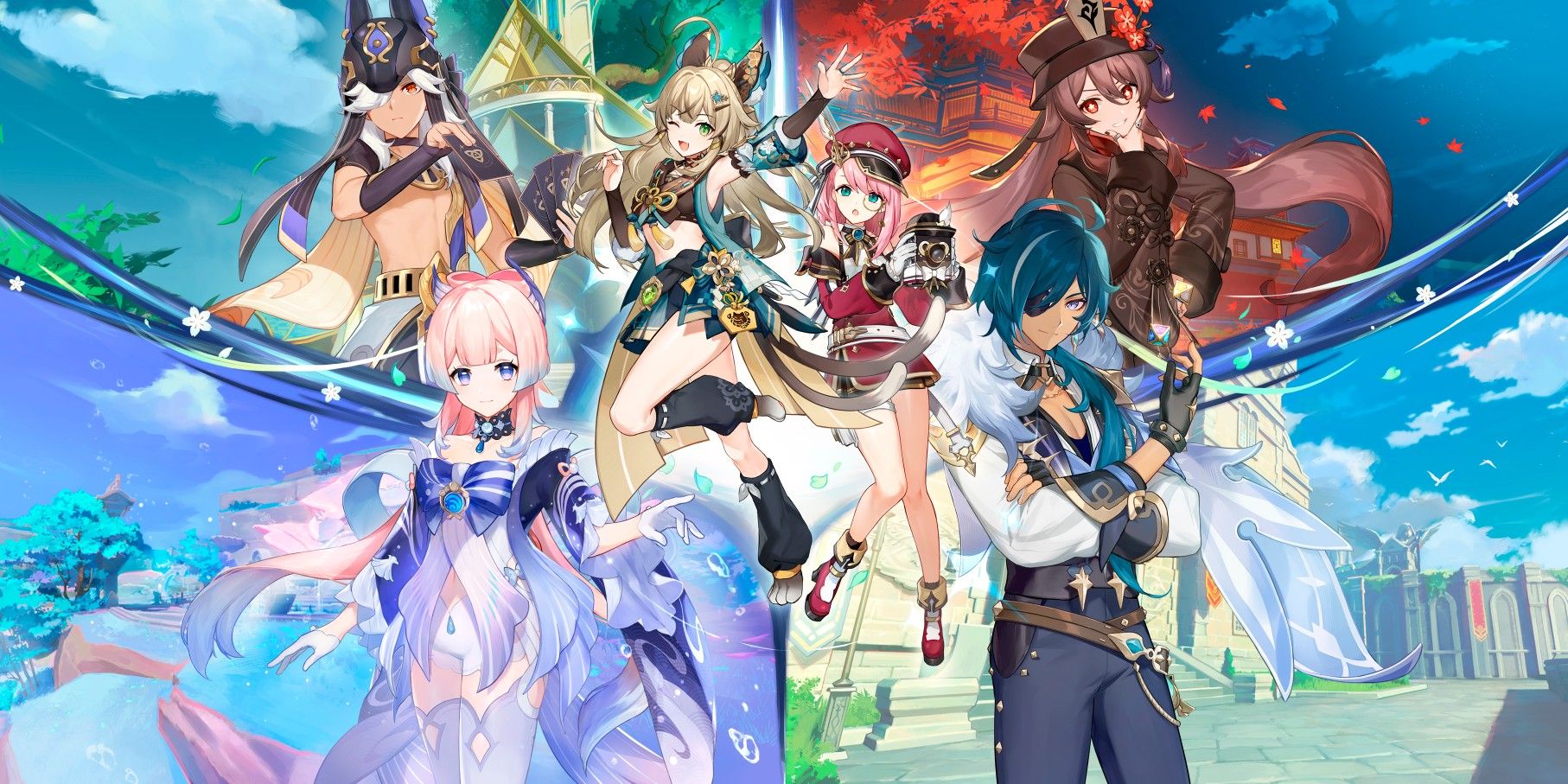 Genshin Impact 3.7's key art, featuring Kokomi to the left and Kaeya to the right. Between them are Kirara and Charlotte. Above Kokomi is Cyno and above Kaeya stands Hu Tao. In the background is a collage of all the four regions in Genshin Impact so far.
