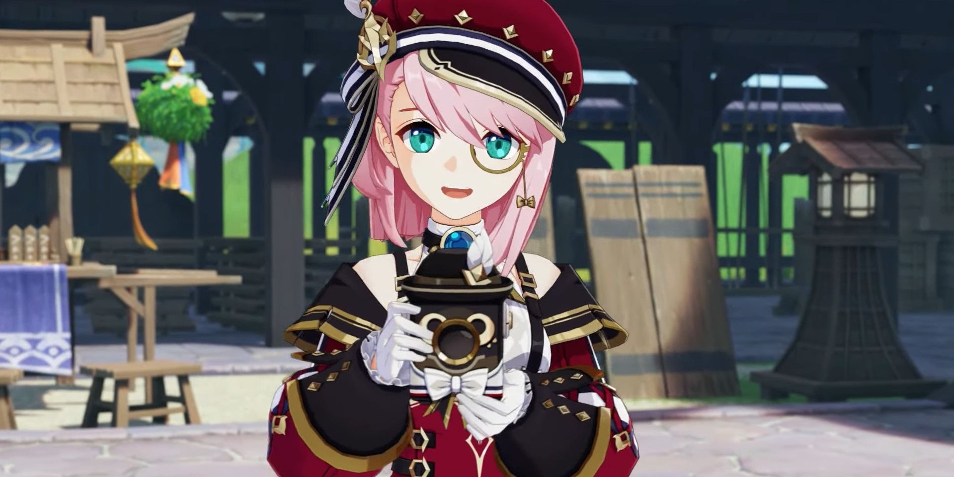 Genshin Impact's Charlotte holds a Kamera gadget in her hands while she smiles in the viewer's direction. She is in Inazuma, as seen from the style of the decorations in the background.