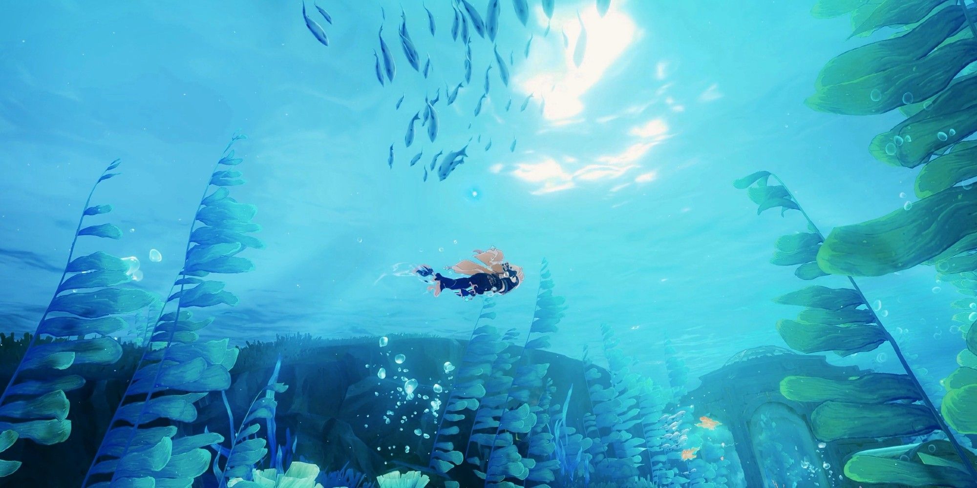 Genshin Impact's male Traveler swims underwater in a preview of the Fontaine region. There are algae close to him and a school of fish swimming nearby.