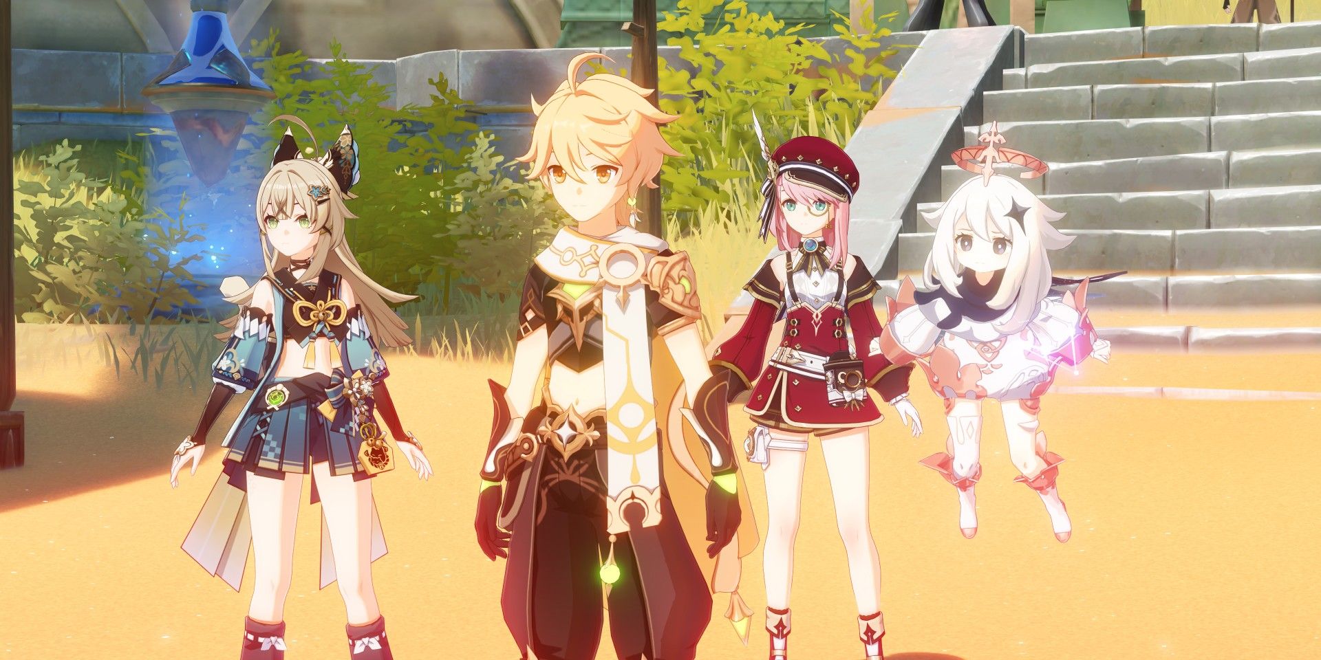 Genshin Impact's Kirara stands to the left, the male Traveler slightly to the right, Charlotte behind him to the right, and Paimon to the right. They look at something off-camera in the desert. There is a Teleport Waypoint behind them.