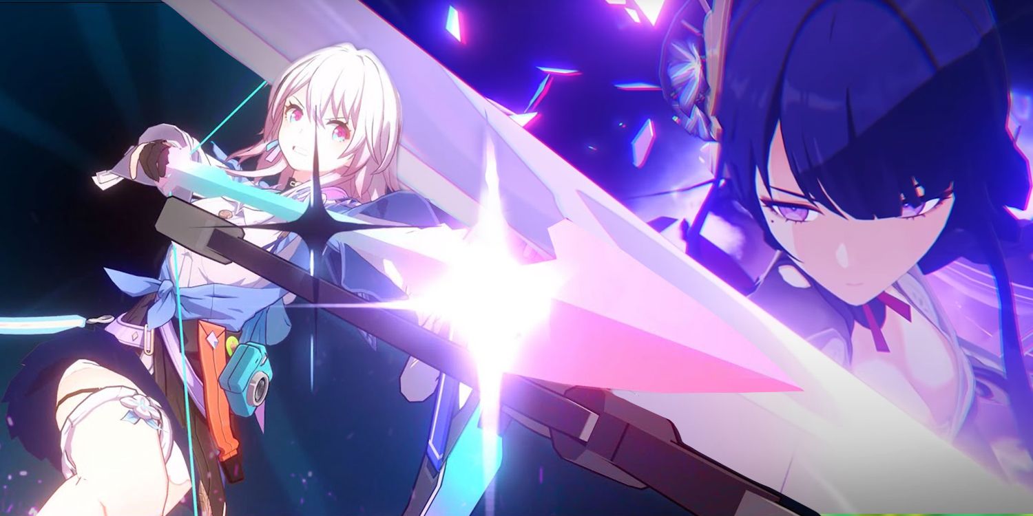 Two female characters from Genshin Impact and Honkai: Star Rail using their ultimates.