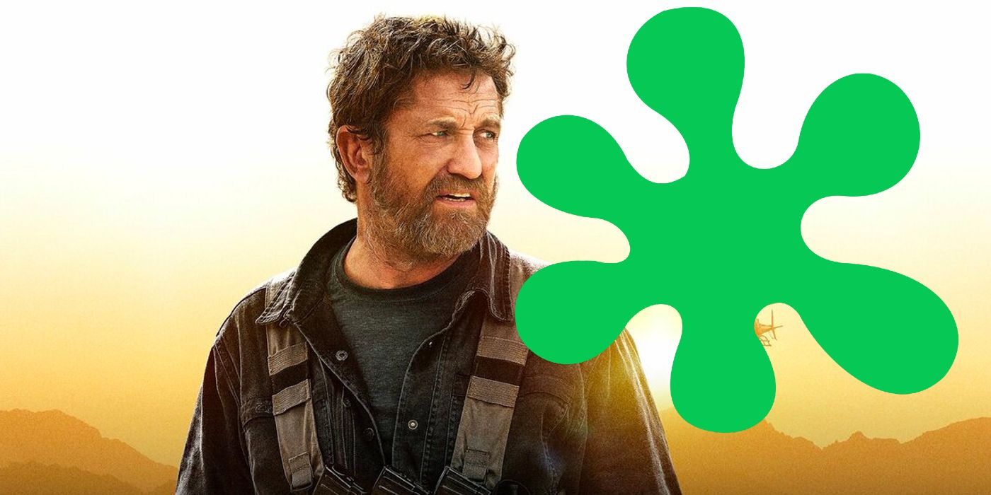 Gerard Butler from Kandahar with a Rotten Tomatoes Splat