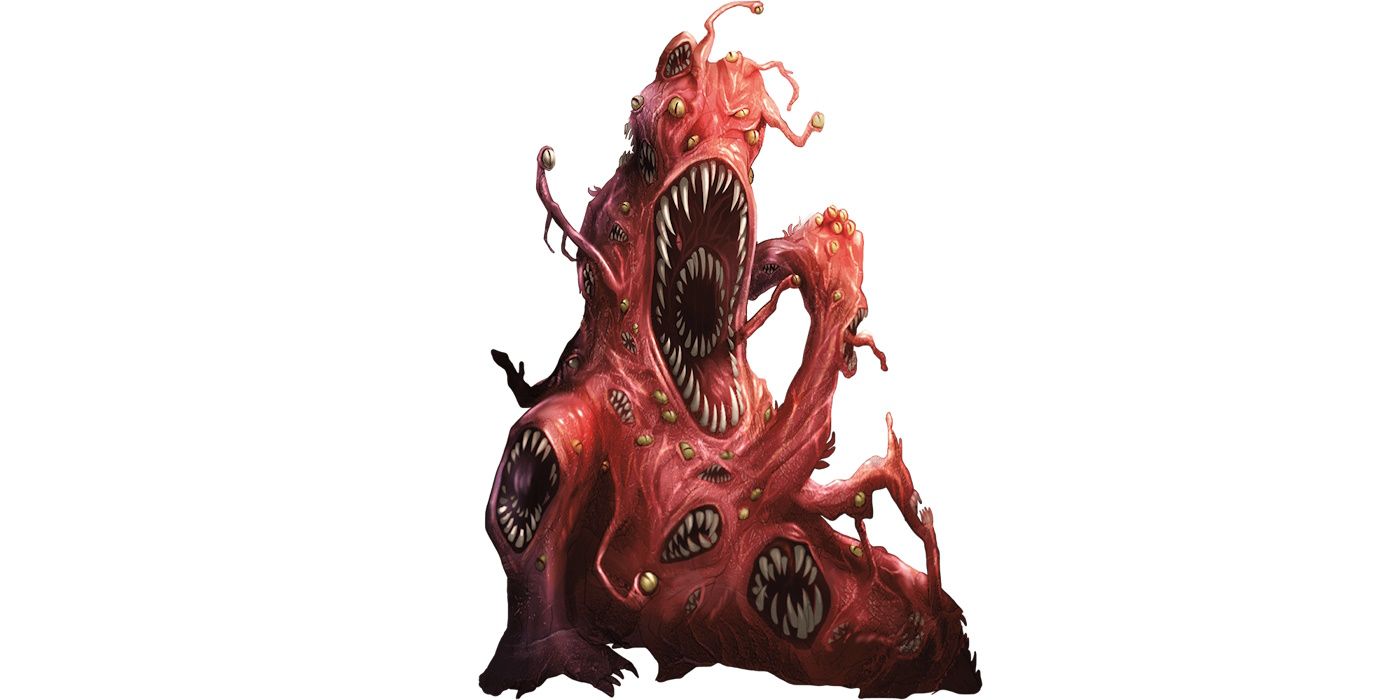 Artwork of a mass of flesh covered in eyes and mouths